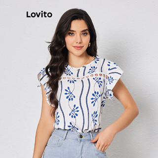 Lovito Blusa de Babado Geométrico Boho com Trança Cortada para Mulheres LBL08038