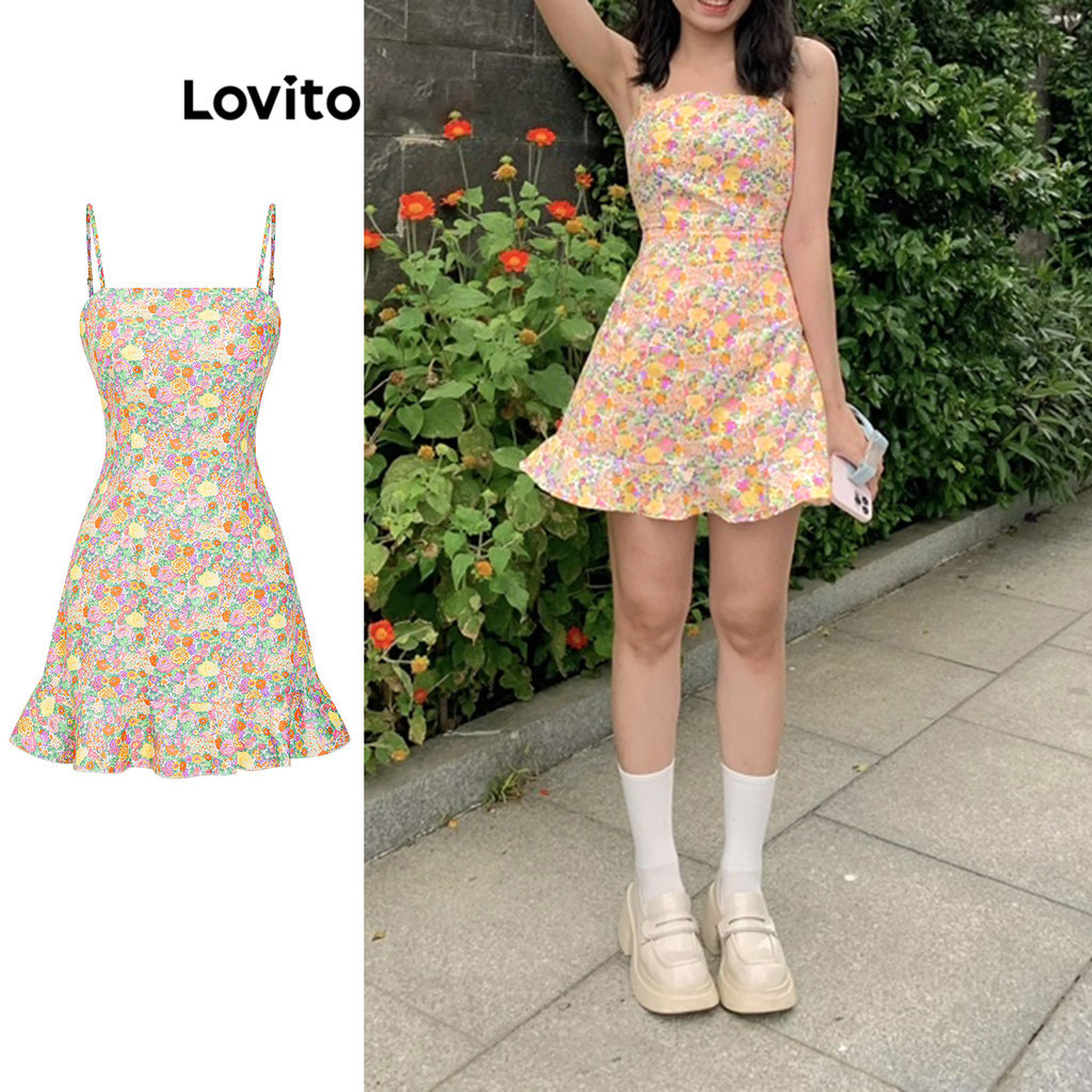 Lovito Casual Vestido Feminino Floral Drapeado com Laço Traseiro L70AD107 (Multicor)