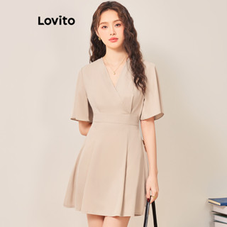 Lovito Casual Vestido Feminino Liso Drapeado L70AD141 (Cáqui Claro)
