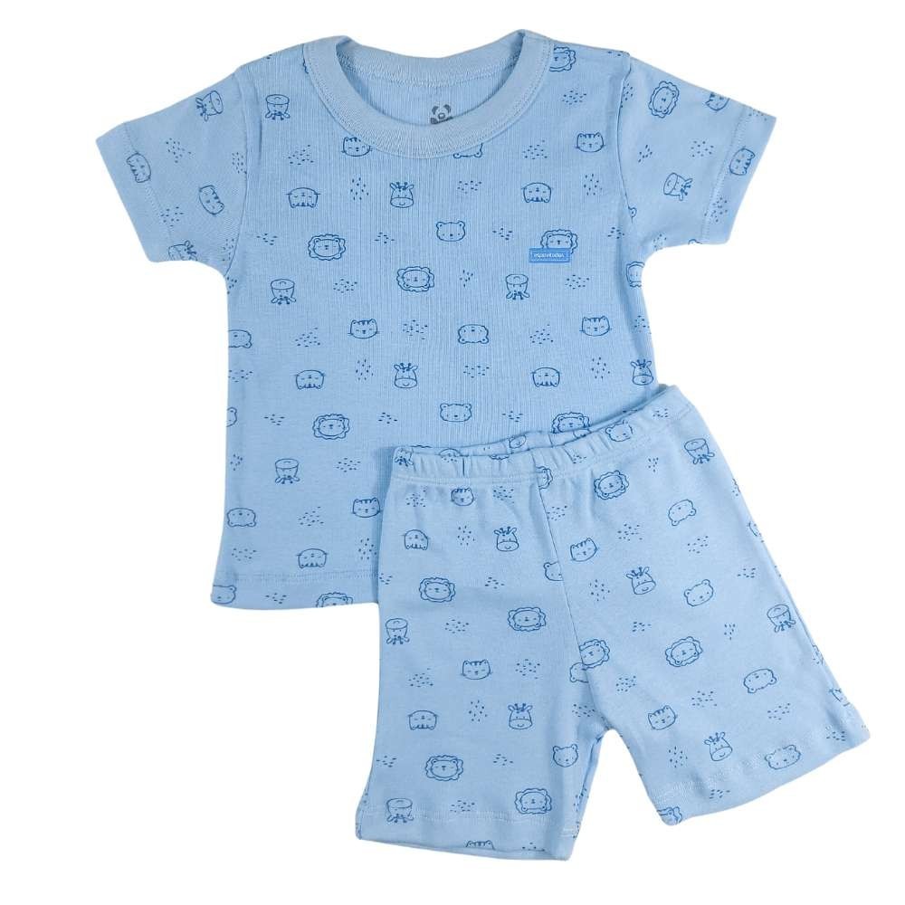 Conjunto curto infantil camiseta e shorts canelado azul estampado leão