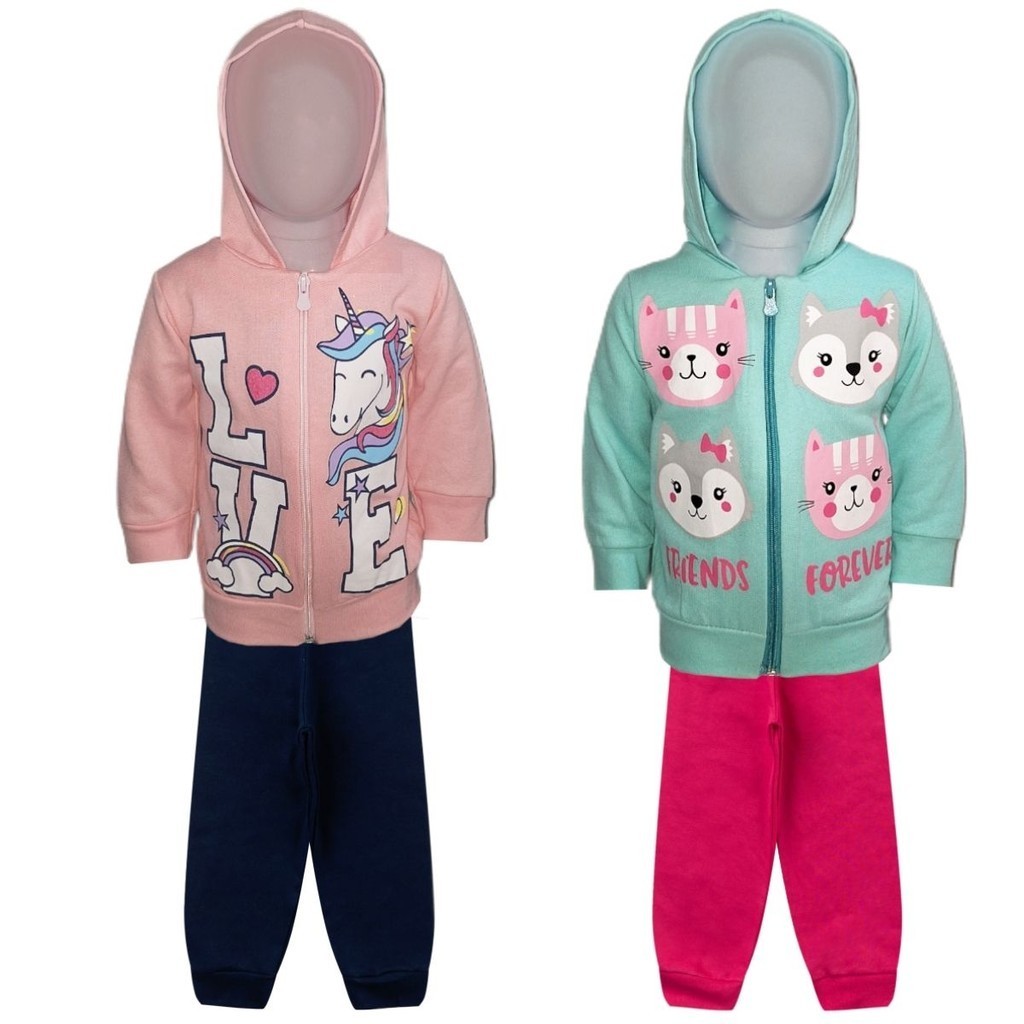 Kit 2 Conjuntos Moletom Infantil Feminino Blusa e Calça Flanelado, c/ Capuz Ziper Punhos Roupa Menina Inverno Tamanhos 01 02 03