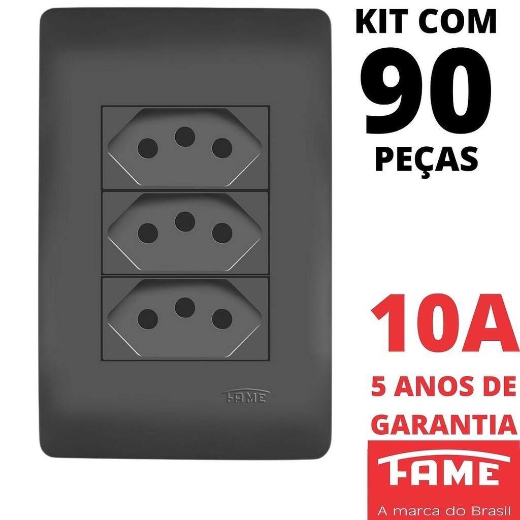 90un Tomada Padrão Tripla 2P+T 10A Com Placa Habitat Black Preto FAME