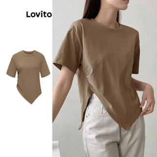Lovito Casual Camiseta Assimétrica com Babado Plissado para Mulheres L80ED109