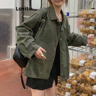 Lovito Casaco Casual De Bolso Com Botão Liso Para Mulheres LNA35151 (Exército Verde)