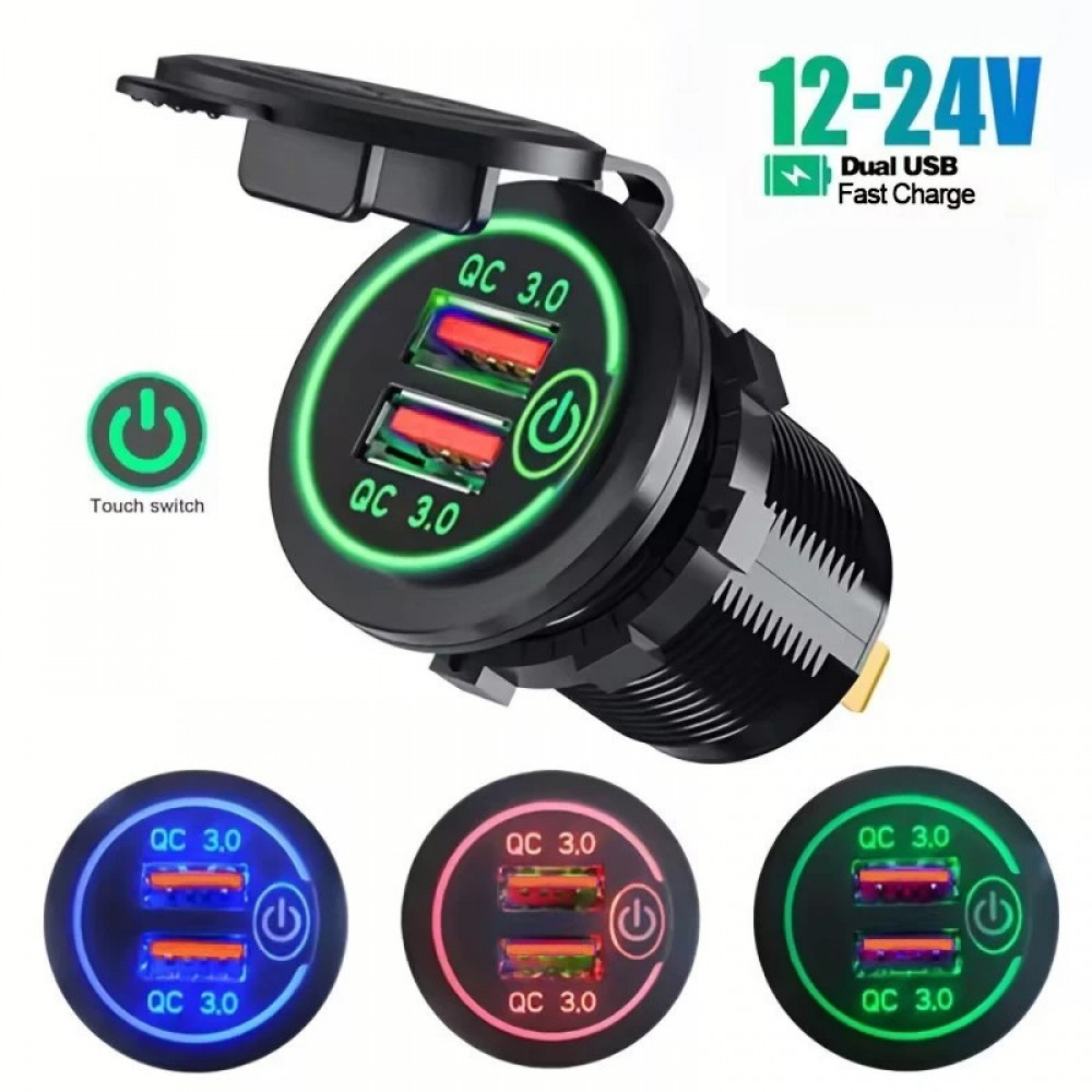 Adaptador De Porta USB Dupla Para Carregador De Carro À Prova D'água Tomada De Alimentação Rápida 12V/24V Com Luz LED E Interruptor De Toque Carregamento De Motocicleta