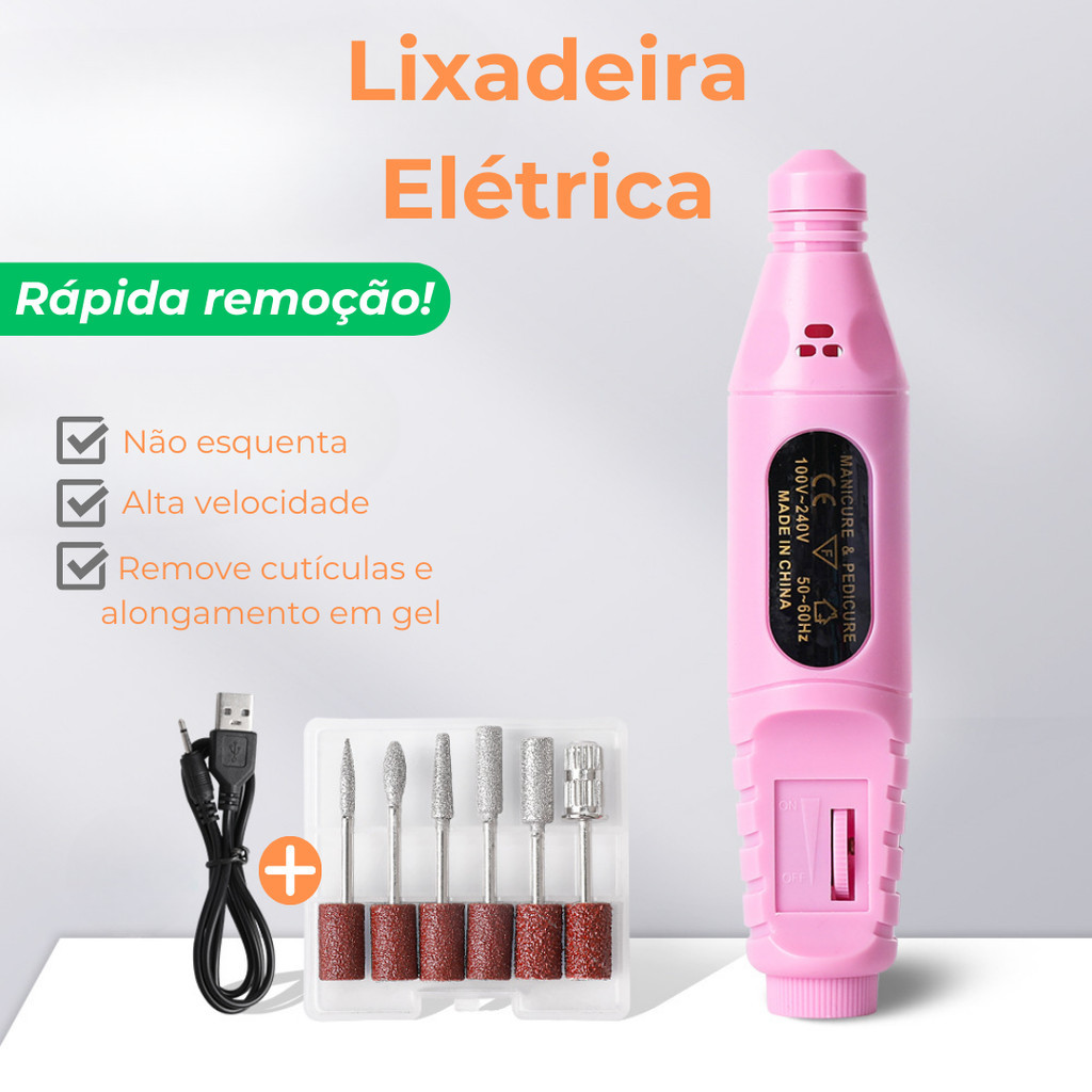 Lixadeira Lixador de Unha profissional Motor Elétrico Bivolt Manicure Pedicure 6pcs kit remover em Oferta na Shopee