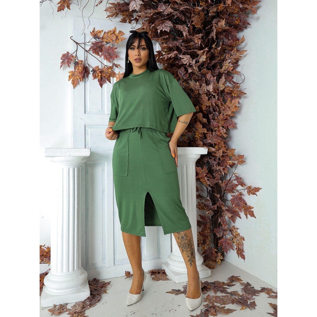 Conjunto Feminino Blusa Manga Curta e Saia Midi Com Fenda Moletim Casual Premium
