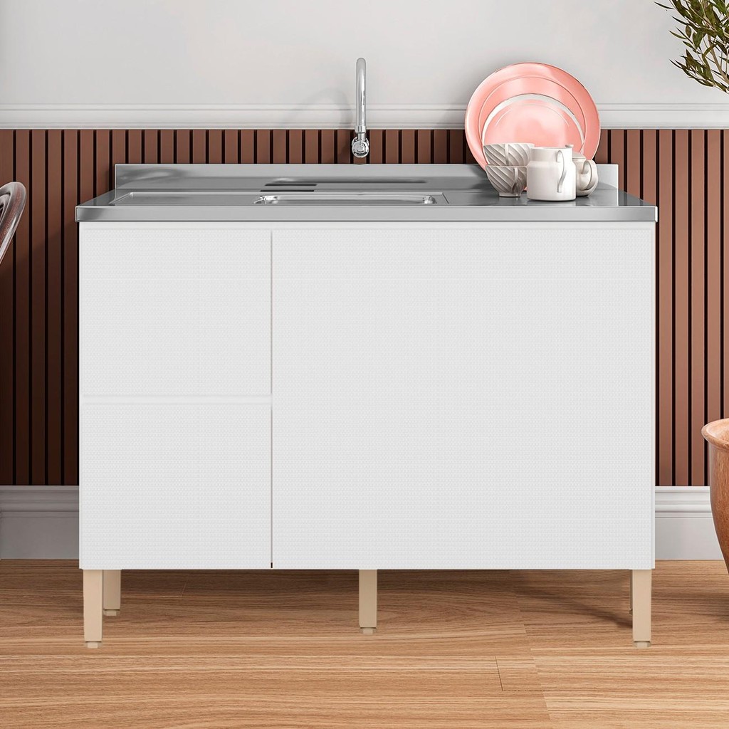 Balcão de Cozinha Com Pia Inox 120cm Minsk K02 Branco - Mpozenato - Home & Living