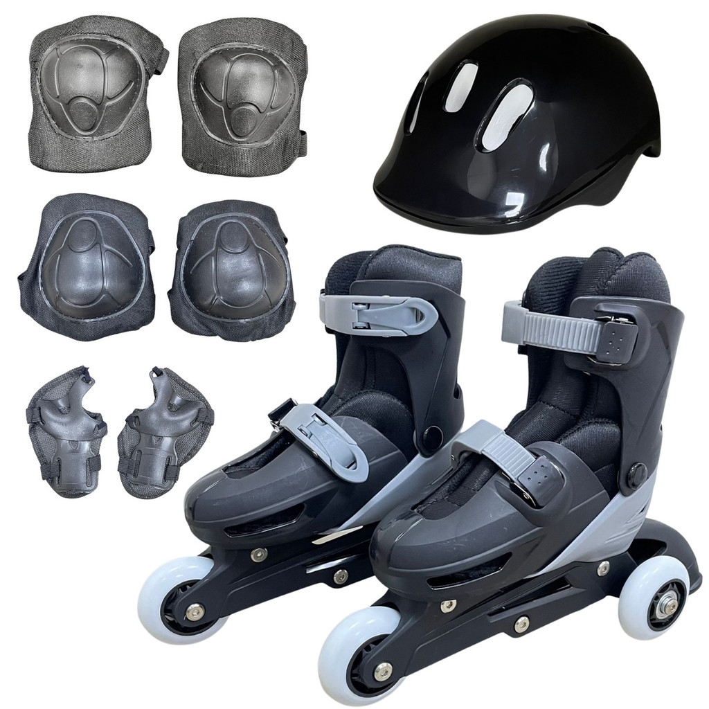 Patins 2 em 1 Tri Line In Line Preto Tamanho Ajustável 27 a 30 Com Kit de Proteção Importway