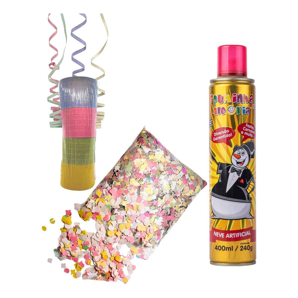 Kit Baile De Carnaval: Espuminha Spray Confete E Serpentina