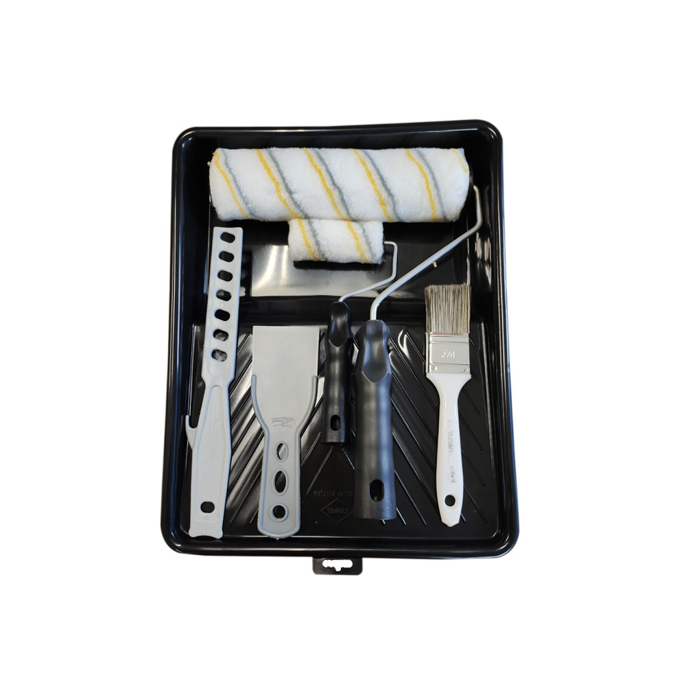 Kit Pintura 7 Peças Bandeja Grande Rolo 23cm Rolo 9cm Suporte 23cm Trincha 1½" Espátula Plástica