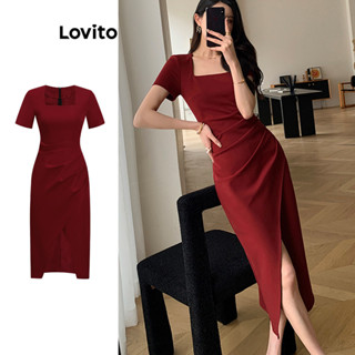 Lovito Vestido Assimétrico com Plissados Elegante e Liso para Mulheres L77ED269