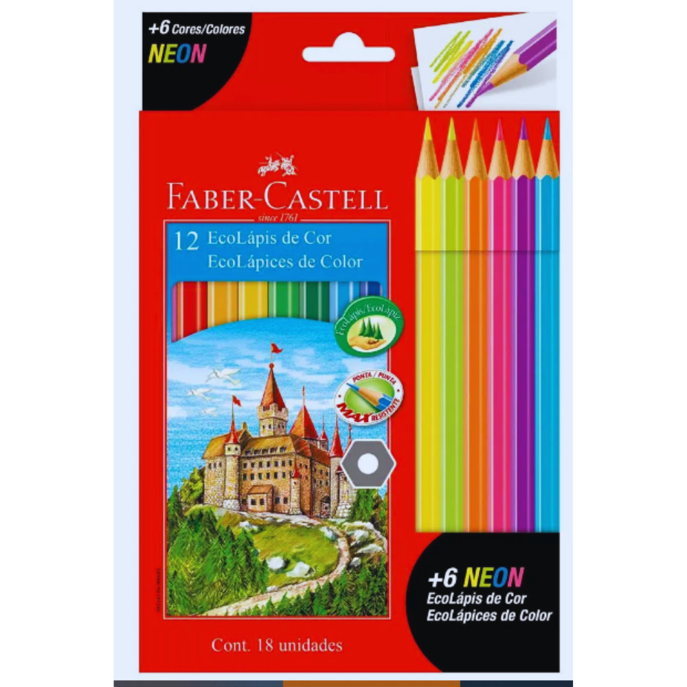 Lápis de Cor EcoLápis 12 Cores + 6 Neon - Faber Castell total 18 lapis