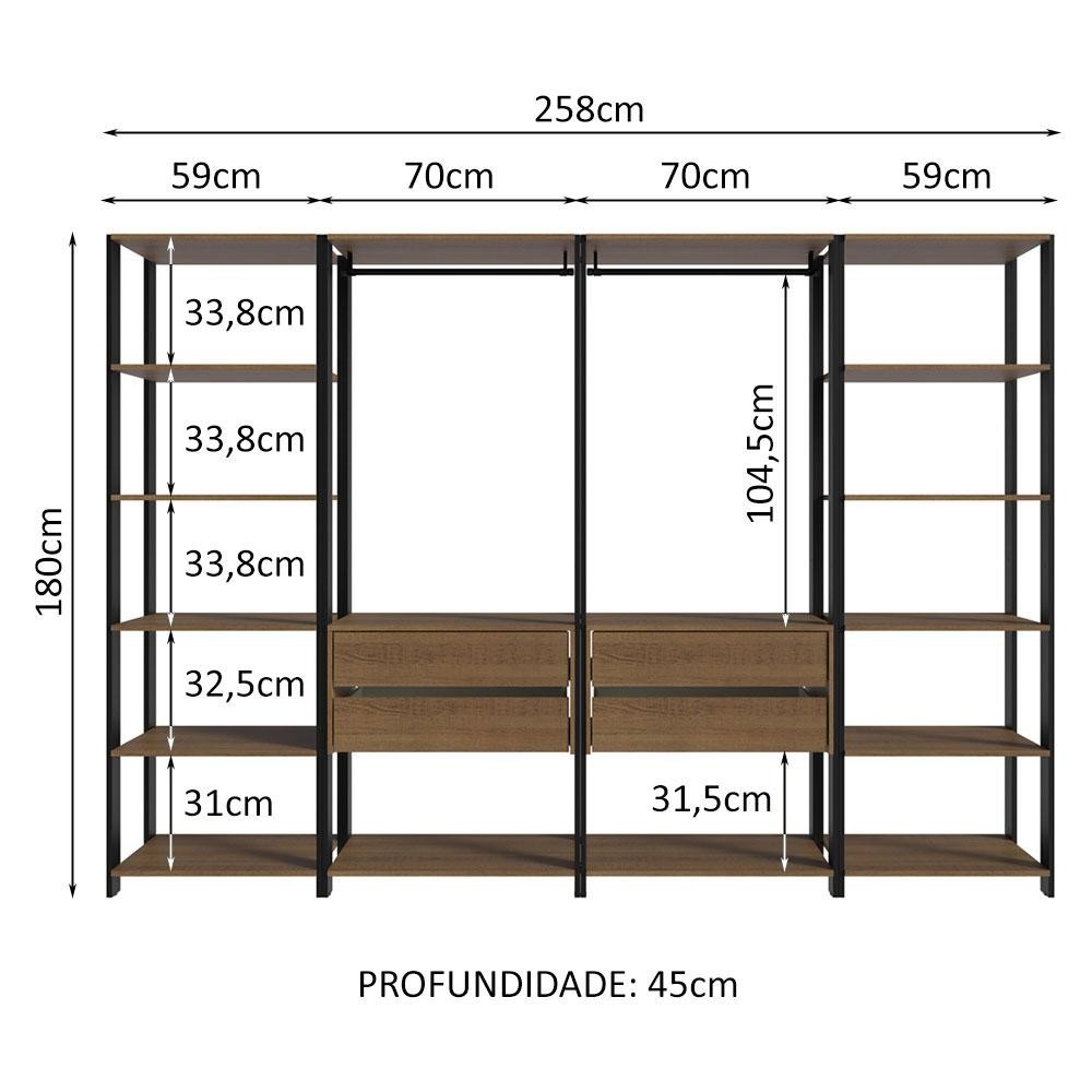 Detalhes do Guarda-Roupa Closet Modulado Valencia 4 Gavetas 258cm Rustic/Preto Madesa 01