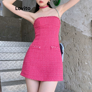 Lovito Vestido Casual Simples De Ombro Frio Com Bolso Falso Para Mulheres LNE35035 (Rosa Quente)