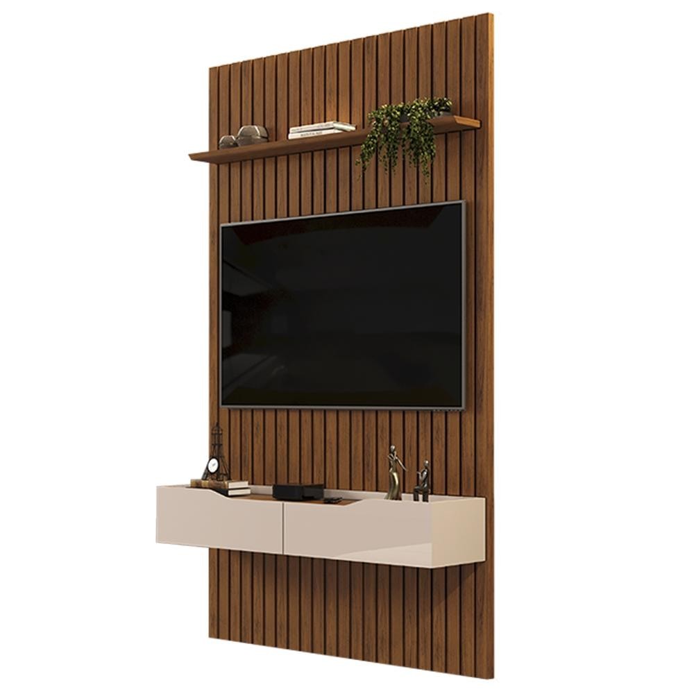 Painel para TV 60 Pol Ripado com Bancada Suspensa 143x240cm Pratisk D04 Freijó/Off White - Mpozenato em Oferta na Shopee