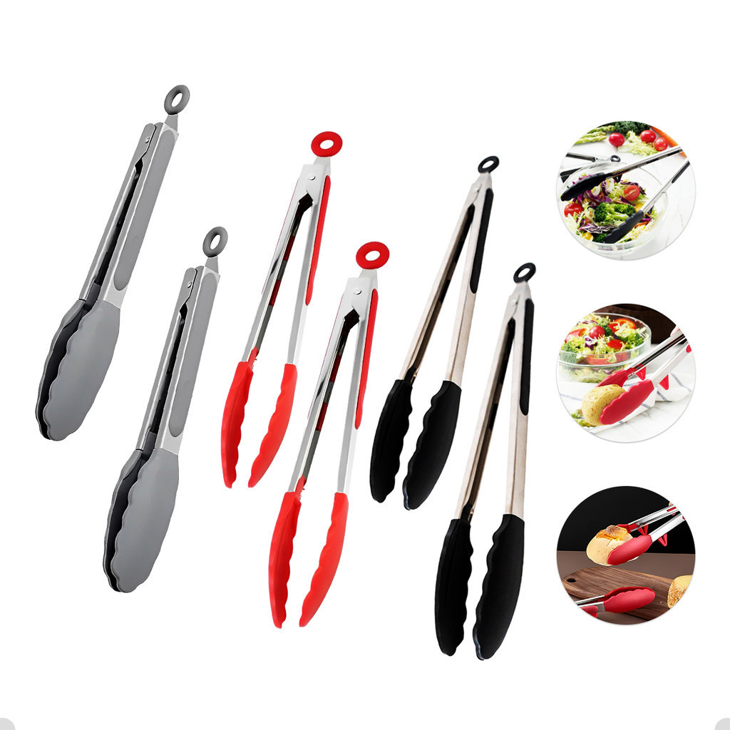 Kit 2 Pegadores Pinça Culinário de Silicone Multiuso Inox Para Carne Fritura Salada Churrasco Gelo Aço Inox