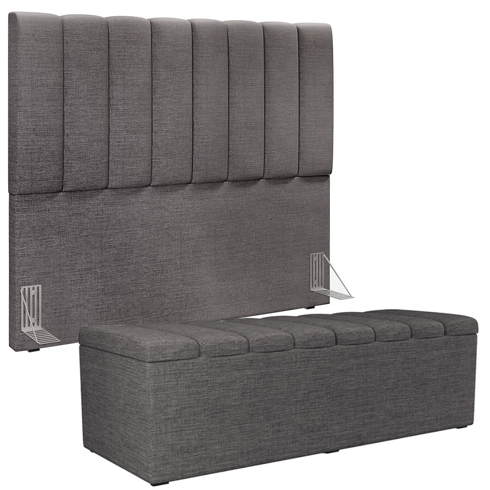 Kit Cabeceira Cama Box Casal 140cm Calçadeira Recamier Baú Dália W01 Linho Cinza Escuro - Lyam Decor