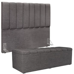 Kit Cabeceira Cama Box Casal 140cm Calçadeira Recamier Baú Dália W01 Linho Cinza Escuro - Lyam Decor