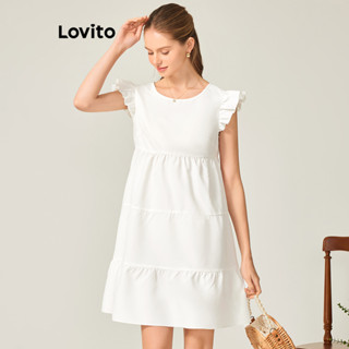 Lovito Vestido Boho Liso Com Babados Para Mulheres LNL35007 (Branco/Verde/Preto)