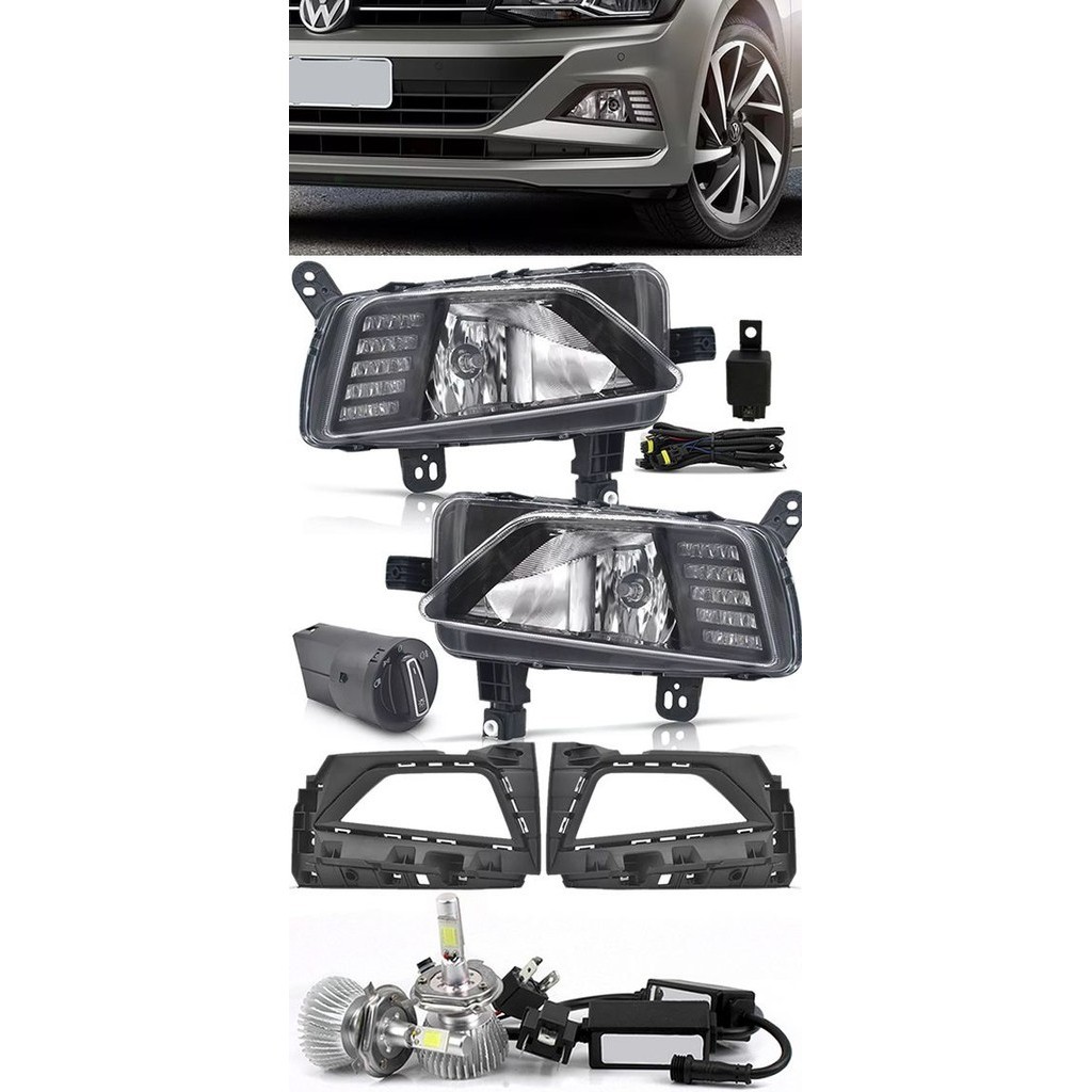 Kit Farol de Milha Neblina Vw Virtus e Novo Polo 2018 à 2022 Com LED Daylight - DRL + Kit Lâmpada Super LED 6000K