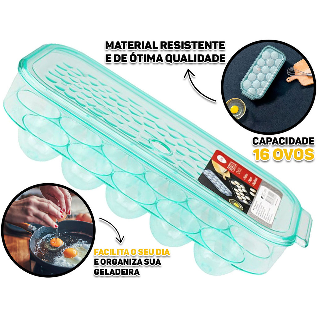 Organizador Porta Ovos Plástico Com 16 Cavidades E Tampa Retangular Para Geladeira Cozinha em Oferta na Shopee