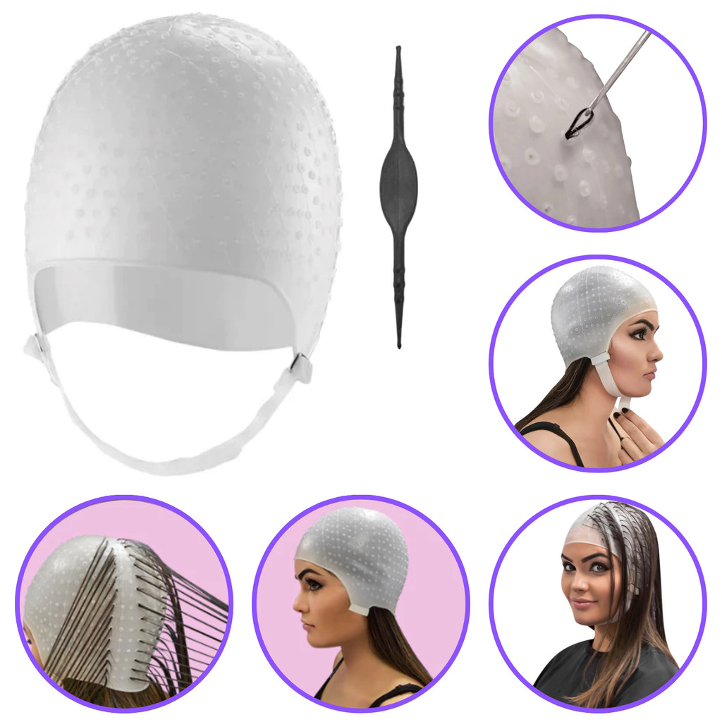 Touca de Silicone para Luzes e Mechas com Agulha – Profissional e Reutilizável em Oferta na Shopee