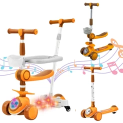 Patinete Infantil 3 em 1 Com Cesto Luzes Som Empurrador Amarelo Importway