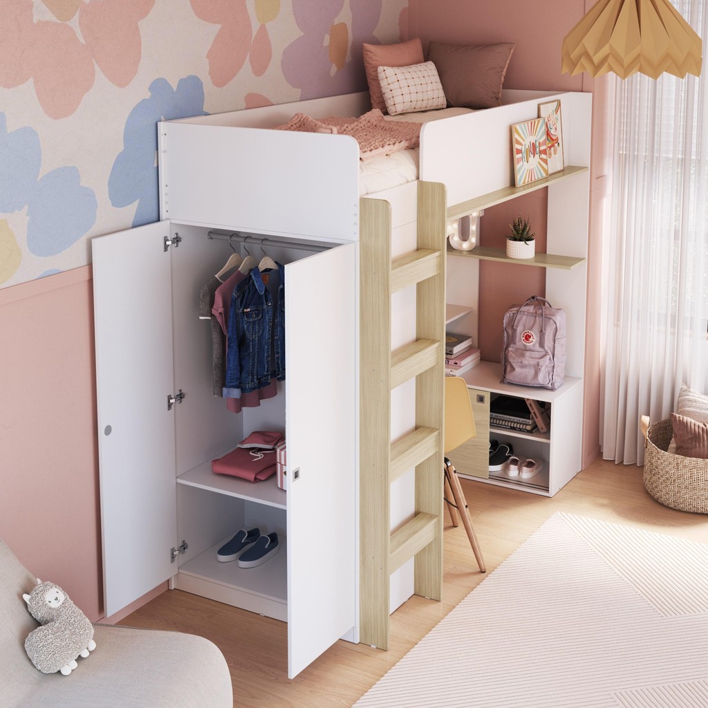 Detalhes do Cama Infantil Alta Multifuncional Office Solteiro com Armário, Escrivaninha, Cabideiro e Prateleira