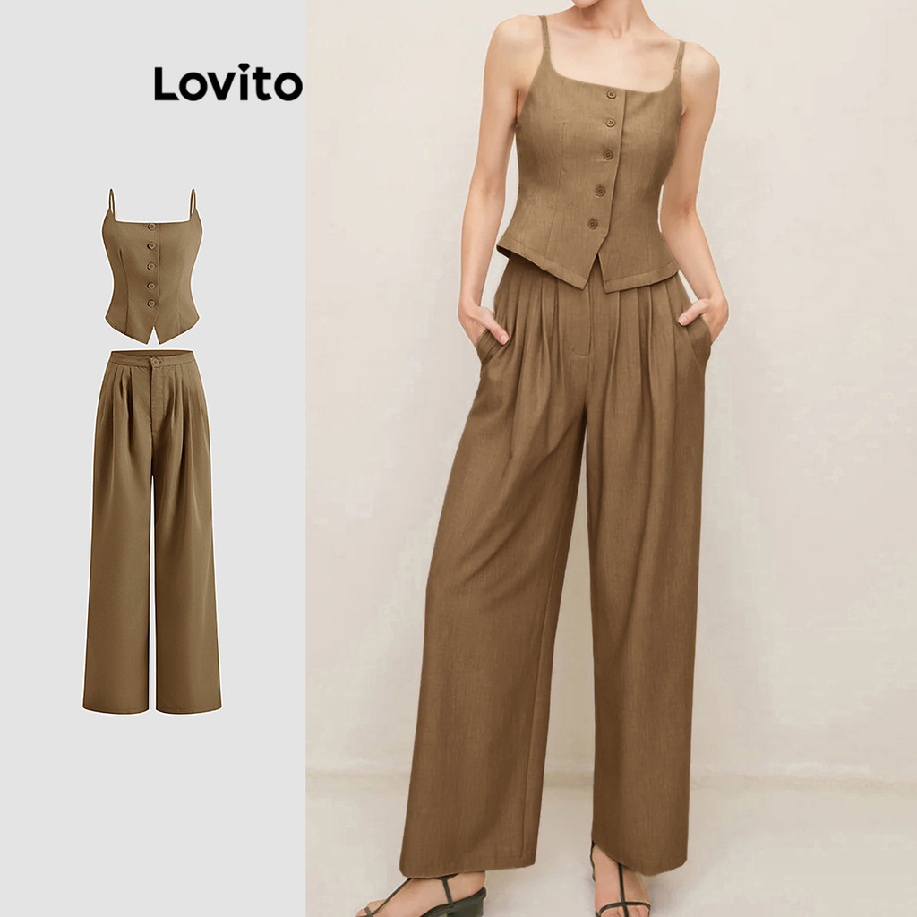Lovito Conjuntos de calças elegantes com botões frontais simples para mulheres L121MDPS670 - Women Clothes