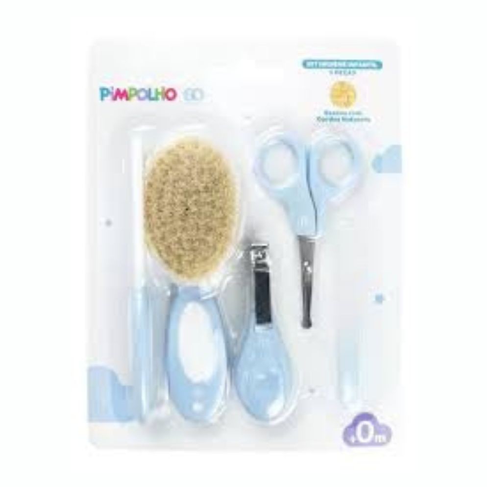 Kit Higiene 5 Peças Bebê Pimpolho Cuidados Escova Cerdas Naturais Pente Cortador Tesoura Lixa Unha