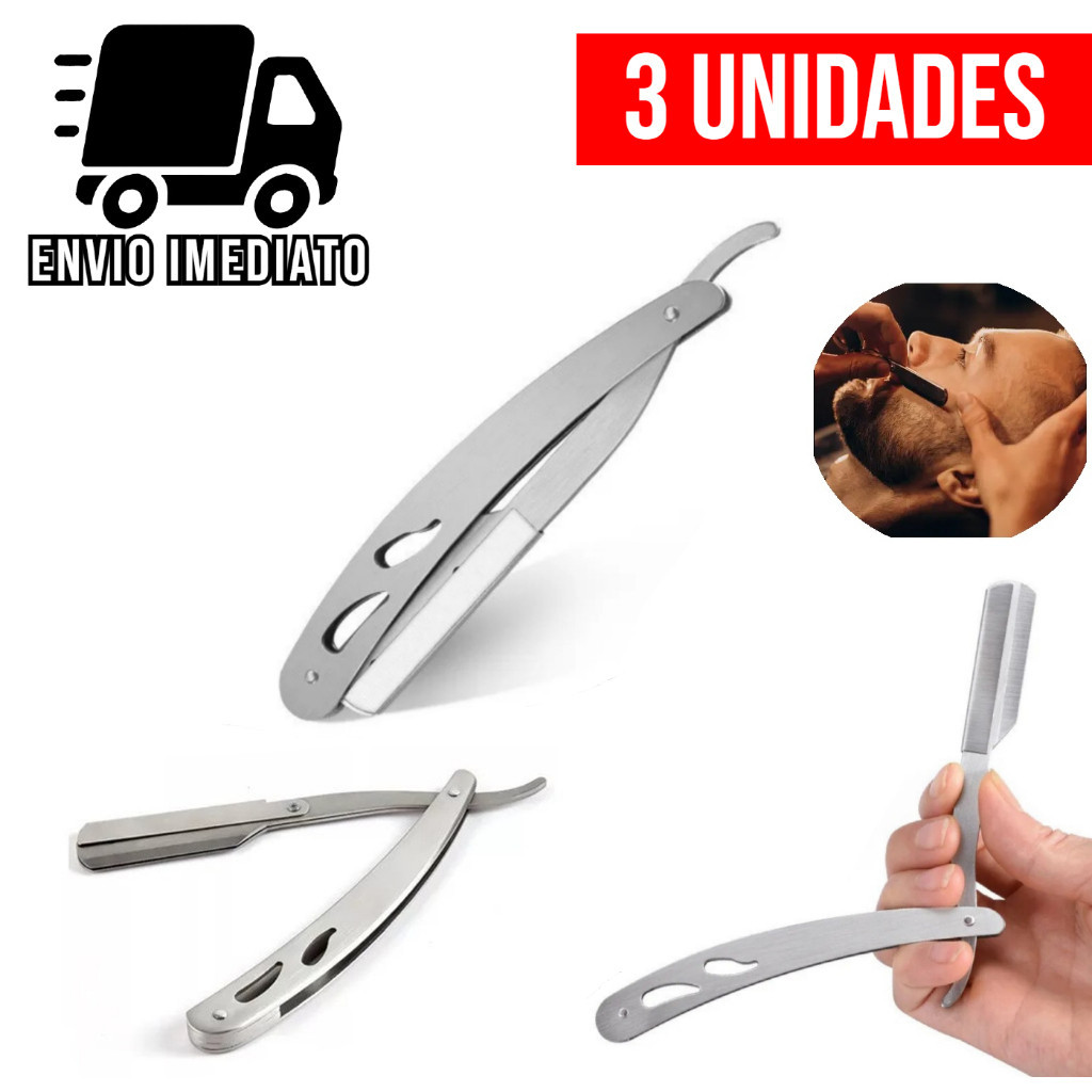 Kit 3 Navalha de Barbear Profissional Aço Inox Navalhete de Acabamento Sobrancelha Barba Barbeiro