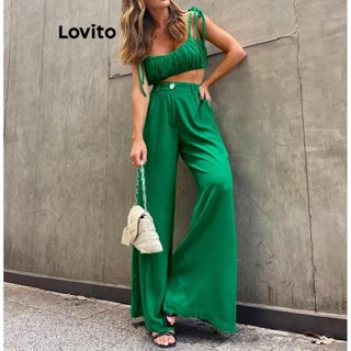 Lovito Conjuntos Casuais De Calças Plissadas Com Renda Lisa Para Mulheres LNL42100