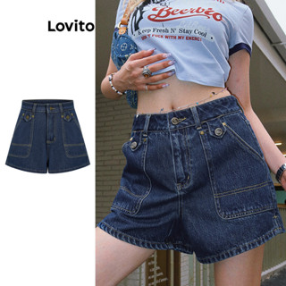 Lovito Casual Shorts Jeans com Botão e Bolsos para Mulheres L80ED229