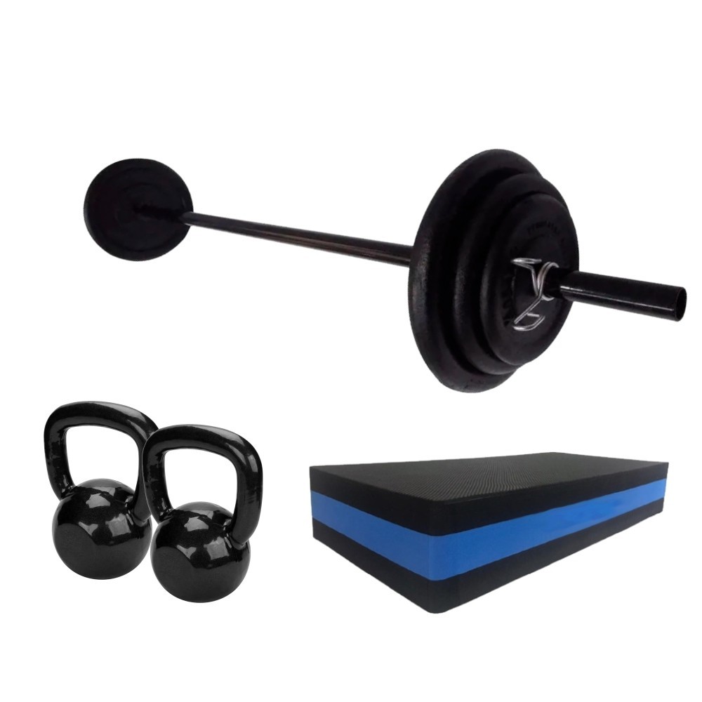 KIT TREINO STEP + BODY PUMP 10KG + 2 KETTLEBELL 4KG ACADEMIA