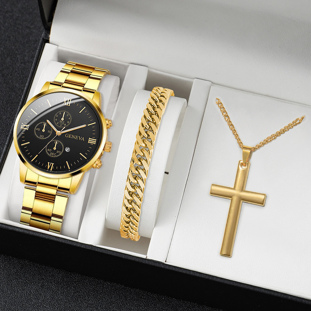 Relógio de pulso masculino de Genebra + Pulseira de Moda Faixa de Aço Calendário de Quartzo em Oferta na Shopee