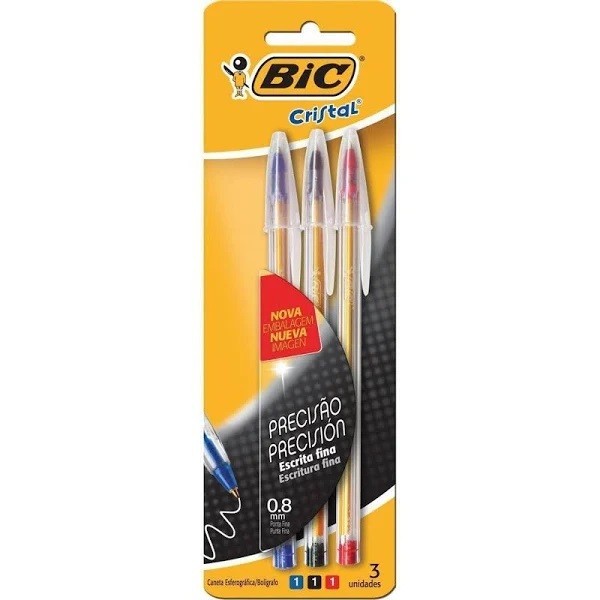 Caneta BIC Esferográfica Fina 0.8MM Azul Preta e Vermelha COR da Tinta Colorida COR do Exterior Transparente