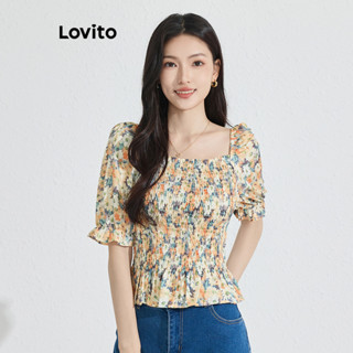 Lovito Blusa com Acabamento de Malha Elástica e Estampa Floral para Mulheres L77ED333