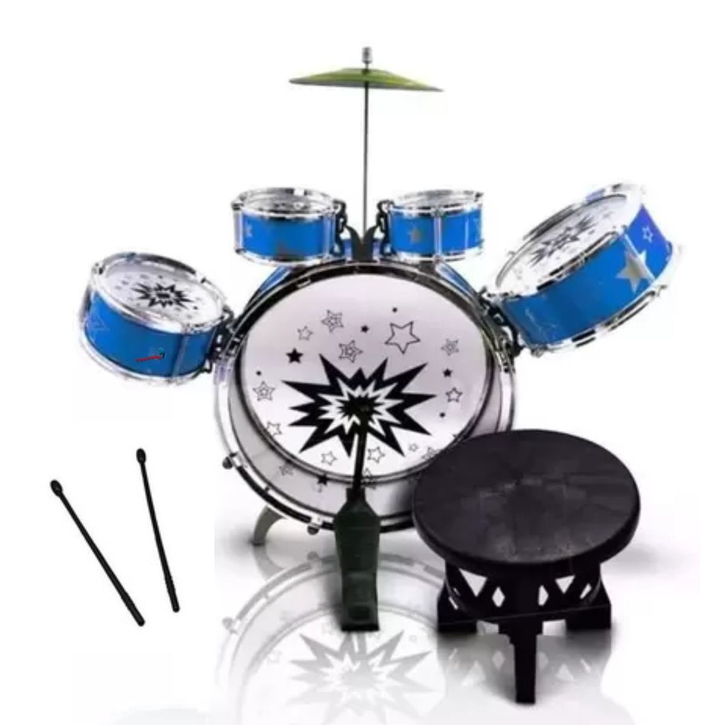 Bateria Infantil Completa Com Banquinho Musical Azul Top Importway em Oferta na Shopee