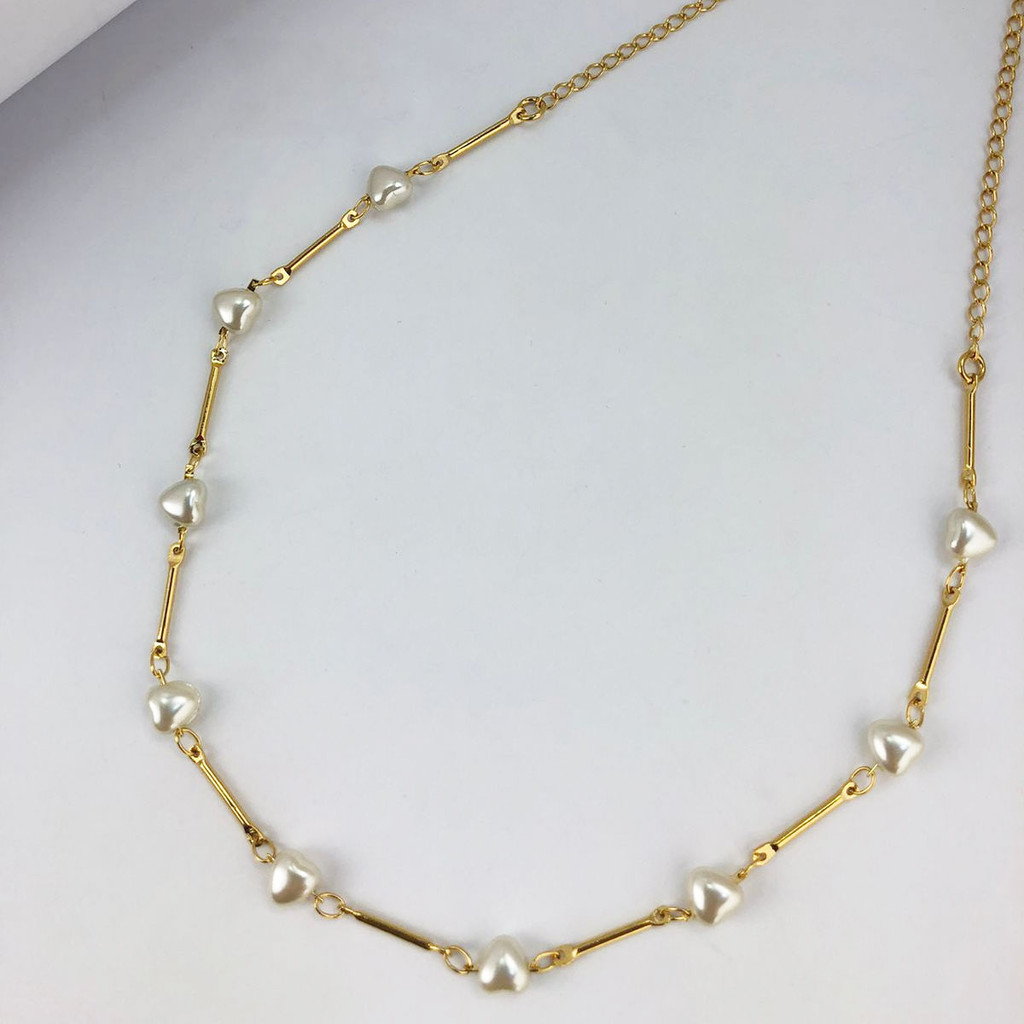 Choker Semijoia Banhado em Ouro 18K Corações de Pérolas