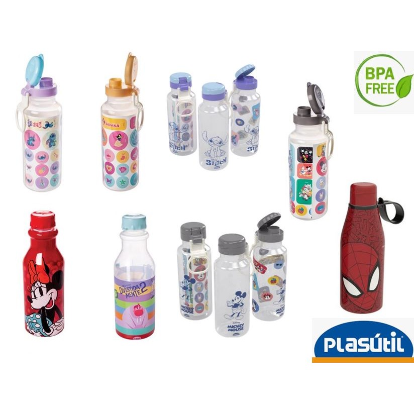 GARRAFA PLASTICA PLASÚTIL INFANTIL ADULTO REI LEAO STITCH MICKEY MINNIE HOMEM ARANHA JURASSIC