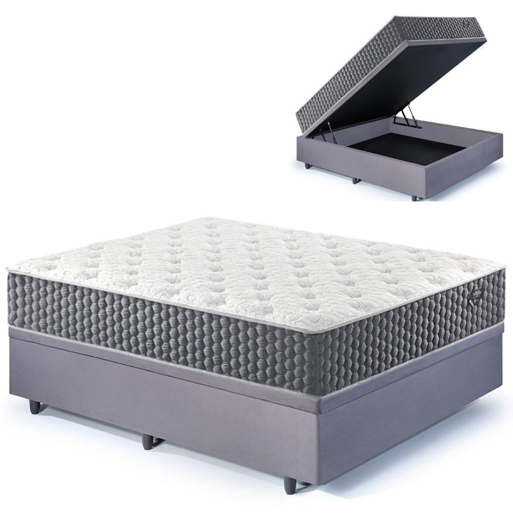 Base Box Baú Casal 138x188 Suede Cinza e Colchão Relax Fresh
