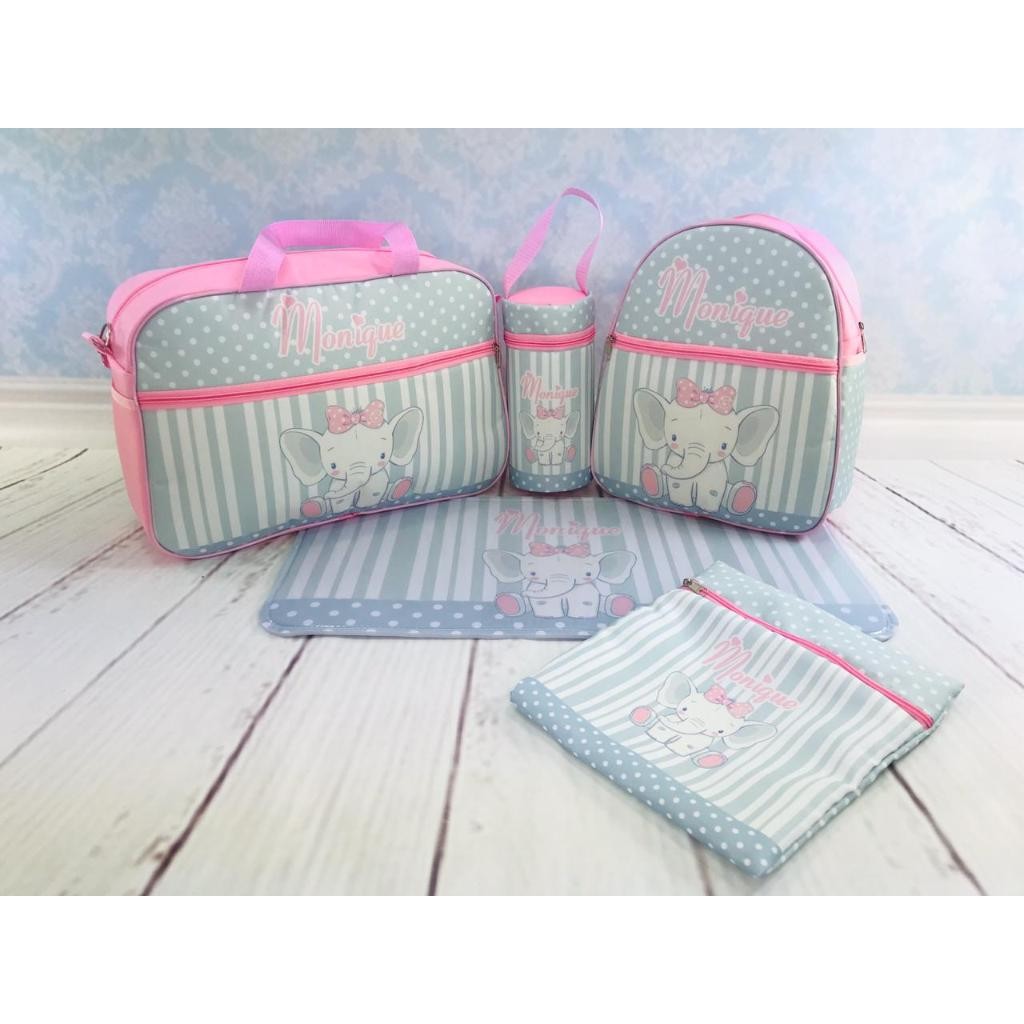 Kit Maternidade com mochila 5 Peças Elefantinha Personalizado com nome do Bebê