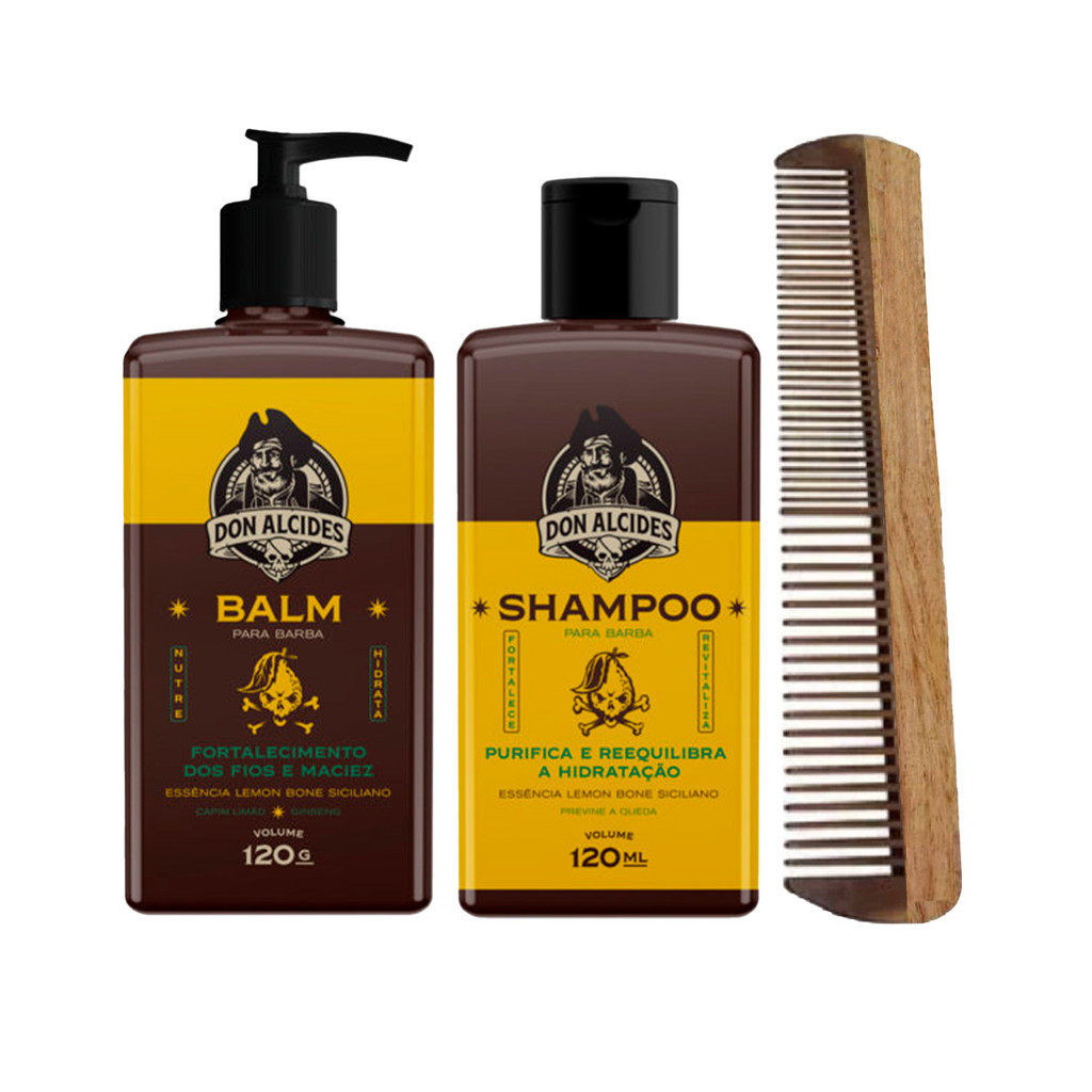 Kit Balm e Shampoo Para Barba Lemon Bone + Pente Grande Don Alcides