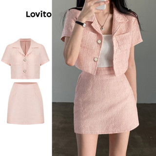Lovito Conjunto de Saia com Botões na Frente e Plissados para Mulheres L77ED251
