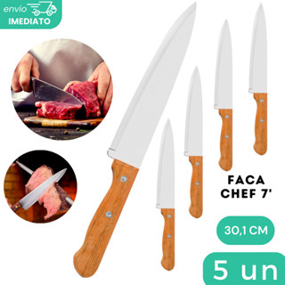 Kit 05 Faca De Cozinha Inox Profissional 7 Do Chef Cabo Madeira 30CM