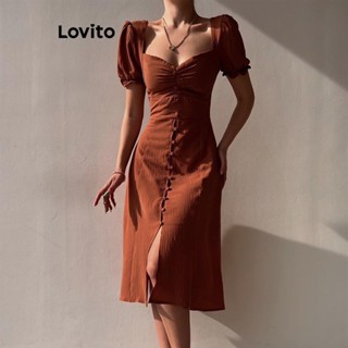Lovito Vestido Elegante Com Divisão Frontal E Botão Liso Para Mulheres LNL43051