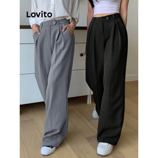 Lovito Casual Calça Feminina Lisa com Bolso e Botão L70AD052 (Cinza/Preto)