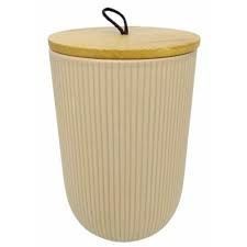 Pote Decorativo de Cerâmica Com Tampa de Bambo e Puxador Lines Bege 15cm