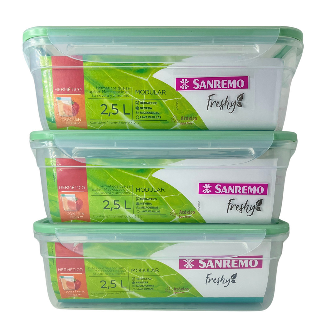 Kit 3 Potes Grandes Sanremo 2,5L Organizador de Frutas Geladeira Cozinha Hermético com Travas Laterais Verde
